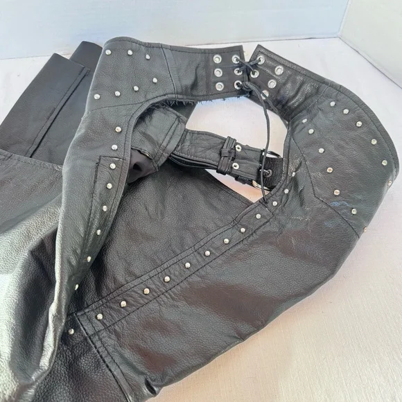 Black Leather Chaps Silver Studs Hot Leather Harley Moto Women’s Sz Small - Picture 9 of 16